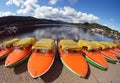 Fisheye view of motor boats on the shore of Schluchsee lake in Germany