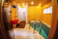 Fisheye view of a sauna - finnish hot treatment room Royalty Free Stock Photo