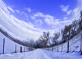 Fisheye View of a Snowy Path with Purple Tint