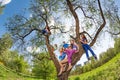 Fisheye view of teenagers sitting on tree benches