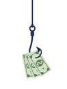 Fishhook business concept - money symbol as trap. Deception, a trap on the hook. Illustration in flat style