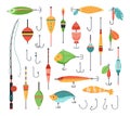 Fishing accessories. Fish bait with hook, fisherman rod and tackle with artificial fishes shapes vector set