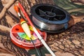 Fishing accsessories on the caumuflage Royalty Free Stock Photo