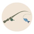 Fishing and active hobby. Fishing spining rod with fish on the hook. Vector illustration flat design Royalty Free Stock Photo