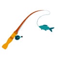 Fishing and active hobby. Fishing spining rod with fish on the hook. Vector illustration flat design Royalty Free Stock Photo