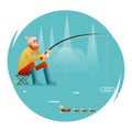 Fishing Adult Fisherman with Fishing Rod Birds Isolated Concept Character Icon Flat Design Template Vector Illustration Royalty Free Stock Photo