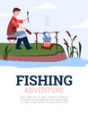 Fishing adventure card or poster with fisherman cartoon vector illustration.