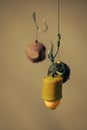 Fishing, angling. Fishhooks on line on blurred background