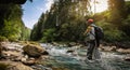 Fisherman catching trout on a river. Royalty Free Stock Photo