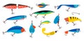 Fishing bait. Abstract contemporary fishery lures and wobblers. Spoons and twisters of artificial colorful fish shapes