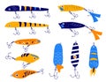 Fishing bait. Different shapes colorful lures with hooks, floating element outdoor river or lake hobbie, cartoon angling