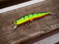 Fishing baits isolated on wooden background Royalty Free Stock Photo