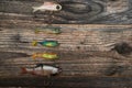 Fishing baits isolated on wooden background