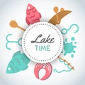 Fishing banner. Lake time text. Background with quote about fishing. Flat fish icons, with net or rod. Salmon steak and