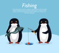 Fishing Banner. Penguin Animals on Fish. Vector Royalty Free Stock Photo