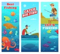 Fishing Banners. Underwater Sea River Ocean Fish Octopus Turtle Seahorse Water Food Vector Cartoon Characters