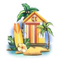 Fishing beach, striped wooden house with a surfboard, palm trees, tropical leaves. Watercolor illustration. Composition