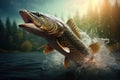 Fishing. Big pike fish jumping with splashing in water Royalty Free Stock Photo