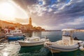 Fishing boat anchoring in beautiful Sutivan port, Brac island, Croatia. Sutivan on Island Brac in Croatia. Made of well known Royalty Free Stock Photo