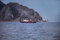 Fishing boat and Aniva promontory of Sakhalin Island, Russia