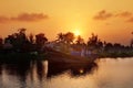 A fishing boat on the background of dawn. Hoian. Vietnam