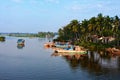 A fishing boat on the background of dawn. Hoian. Vietnam Royalty Free Stock Photo