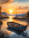 Fishing boat on the beach at sunset, beautiful watecolor illustration