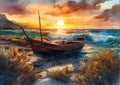 Fishing boat on the beach at sunset, beautiful watecolor illustration