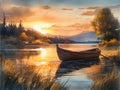 Fishing boat on the beach at sunset, beautiful watecolor illustration