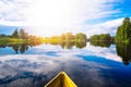 Fishing boat in a blue lake. Beautiful summer landscape in Finland Royalty Free Stock Photo