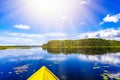 Fishing boat in a blue lake. Beautiful summer landscape in Finland Royalty Free Stock Photo