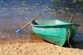 Fishing boat in a calm lake water. Old fishing boat in a still lake water. Summer. Beach. Lake. Royalty Free Stock Photo