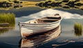 Fishing boat in calm lakes. Old wooden fishing boat. Wooden boat in still lake water at sunset Royalty Free Stock Photo