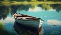 Fishing boat in calm lakes. Old wooden fishing boat. Wooden boat in still lake water at sunset Royalty Free Stock Photo