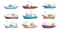 Fishing boat. Cartoon marine fisherman sea vessel. Trawler for seafood transportation. Fishery traditional motorboat