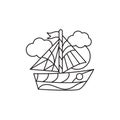 Fishing boat coloring page. Contour vector illustration for kids coloring book, isolated on white background.