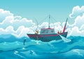 Fishing boat. Commercial fishing industry, ship in ocean. Banner with watercraft or motor boat for fishing industry and