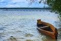 Fishing boat docked in the lake water. Landscape photo. Pisochne ozero. Volyn region Royalty Free Stock Photo