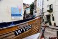 Fishing boat at the end of a street in Robin hoods bay Royalty Free Stock Photo