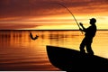 Fishing boat and fisherman with catching pike Royalty Free Stock Photo