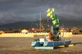 Fishing boat of a fisherman. ship stranded on the sandy beach