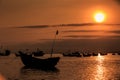 Fishing Boat with Flagstaff Sun Disk Lights Ship Silhouettes Royalty Free Stock Photo