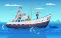 Fishing in boat flat vector illustration