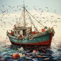 Fishing boat full of fish and nets. Fish on deck Royalty Free Stock Photo