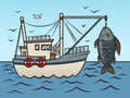 fishing boat with huge fish pop art raster Royalty Free Stock Photo