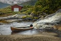 Fishing boat and fishing hut on a rainy day Royalty Free Stock Photo