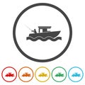 Fishing boat icons in color circle buttons