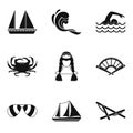 Fishing from a boat icons set, simple style Royalty Free Stock Photo