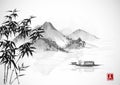 Fishing boat and island with mountains. Traditional oriental ink painting sumi-e, u-sin, go-hua. Contains hieroglyph -