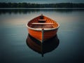 Fishing boat on the lake. Beautiful autumn landscape in the forest. Royalty Free Stock Photo